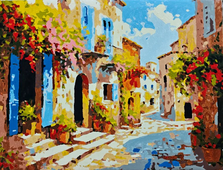 An impressionist palette-knife painting of a sunlit Mediterranean hill-town street — blue doors, ochre houses, red bougainvillaea, and a cobbled lane.
