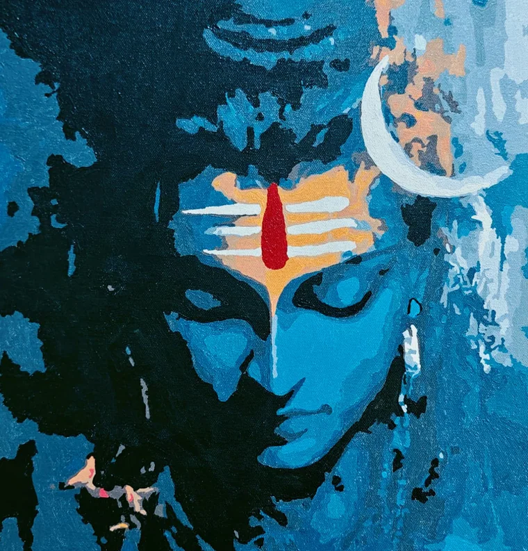 A portrait of the god Shiva with blue skin and dark matted hair, eyes lowered in meditation, three horizontal stripes of white ash and a red mark on the forehead, and a white crescent moon at his temple, against a deep blue ground.