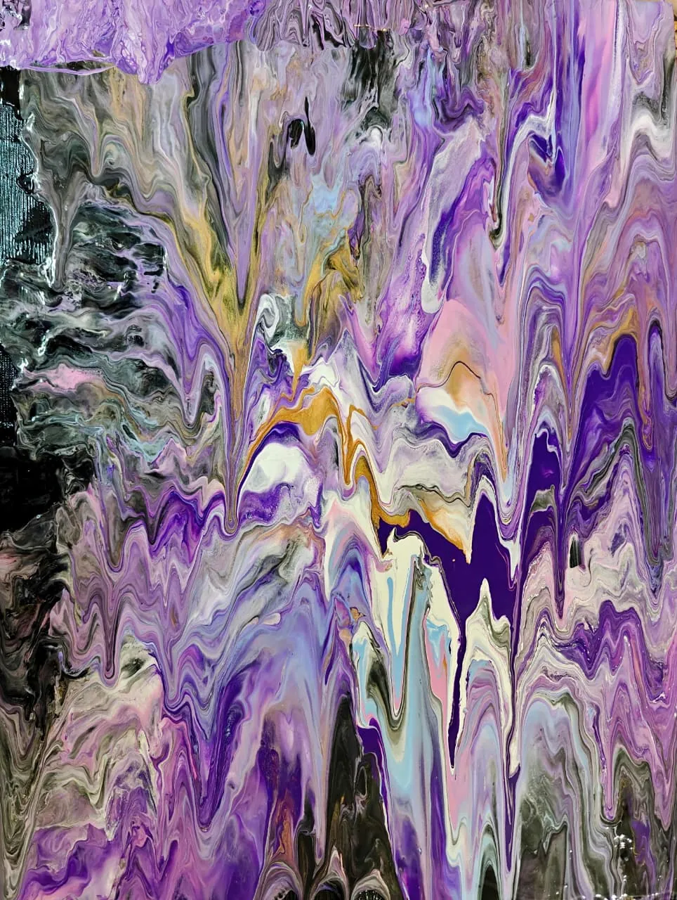 A vertical pour of amethyst violet, lilac, gold, and black streaming downward like a mineral vein in stone.