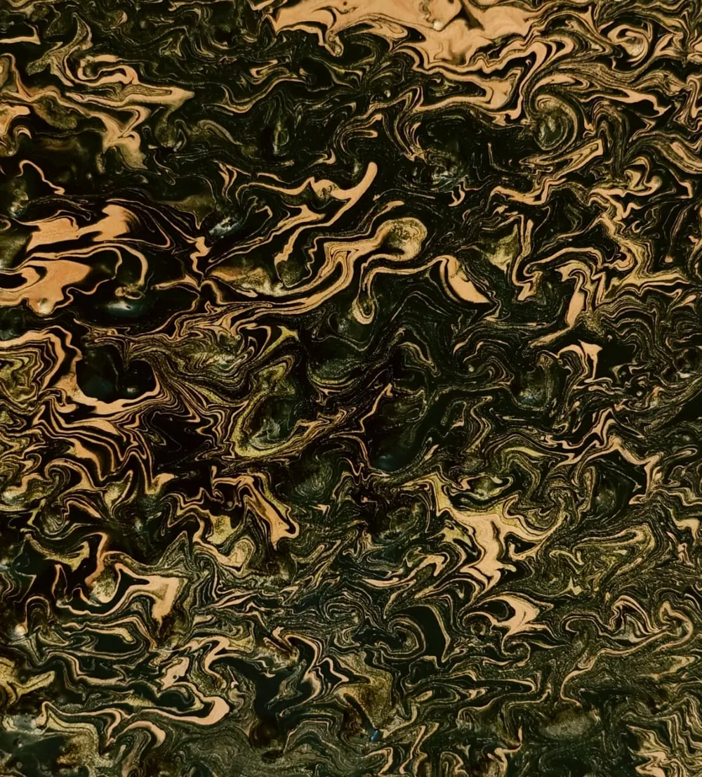 A dense all-over marbled pour of dark green, gold, and cream, like a forest canopy seen from directly above.