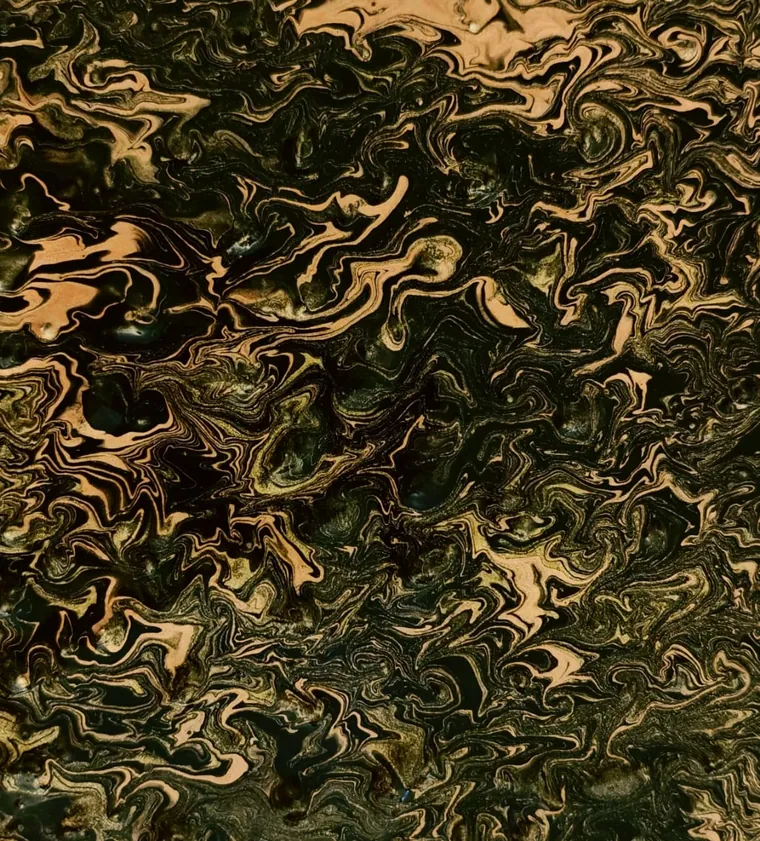 A dense all-over marbled pour of dark green, gold, and cream, like a forest canopy seen from directly above.