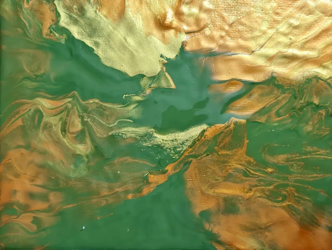 Green and metallic-gold fluid paint resembling an aerial view of fields, rivers, and ridges.