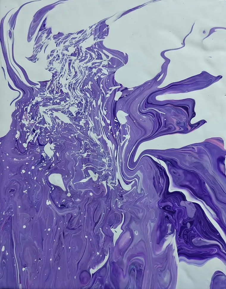 A marbled acrylic pour of violet, blue, pink, and white swirling on a pale ground, resembling polished charoite.