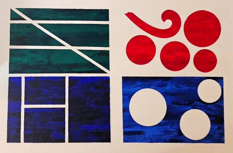 A hard-edge geometric painting in four panels on a cream ground: a green field crossed by diagonal lines, a cluster of red circles with a comma form, a blue grid in the manner of Mondrian, and a blue field interrupted by cream circles.
