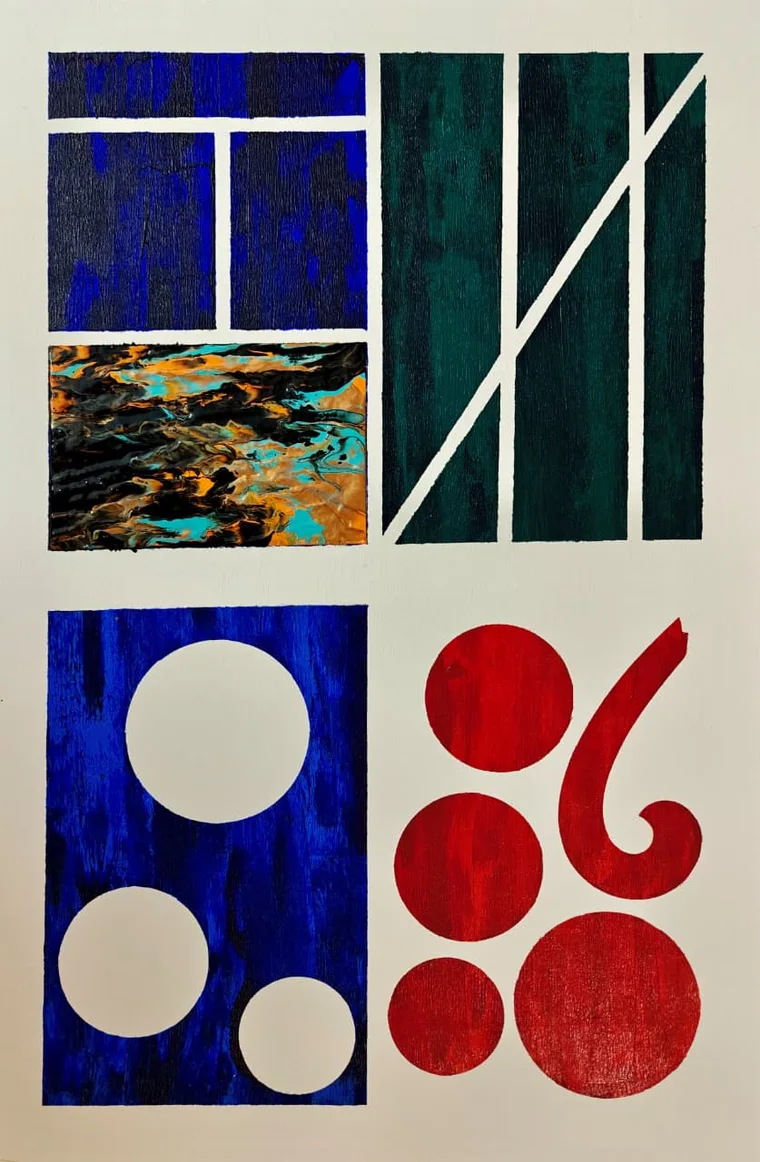 A hard-edge geometric painting in four panels on cream: a blue grid holding a turquoise-and-copper fluid-pour inset, a green field cut by a diagonal, a blue panel with cream circles, and a cluster of red circles with a comma form.