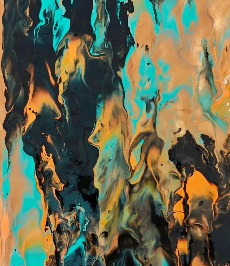 A vertical fluid pour of turquoise, copper-gold, and black rising in flame-like tongues.