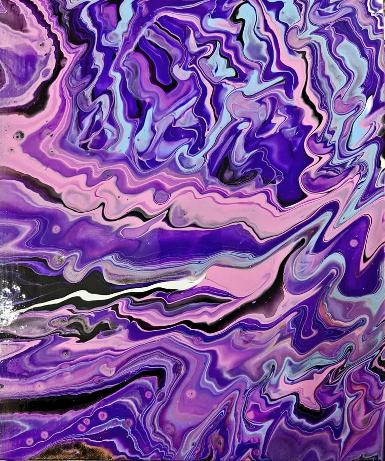 An intense marbled pour of violet, magenta, blue, and pink resembling the polished cross-section of an agate geode.