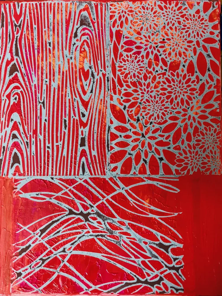 A vermilion-red canvas divided into three panels of raised white line-pattern: at top left the whorled grain of cut wood, at top right a field of chrysanthemum rosettes, and across the bottom a sweeping fan of branching veins, all standing proud of a crackled red and dark ground.