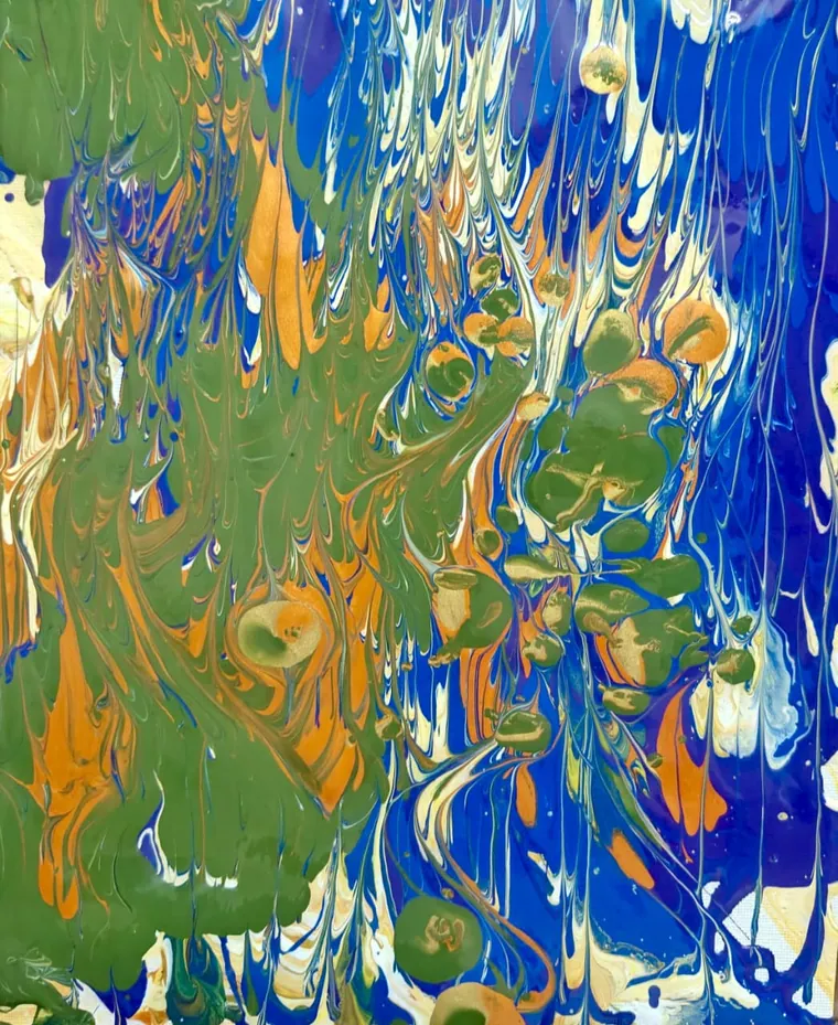 Vertical drips of green, blue, orange, and white like rain-streaked colour.