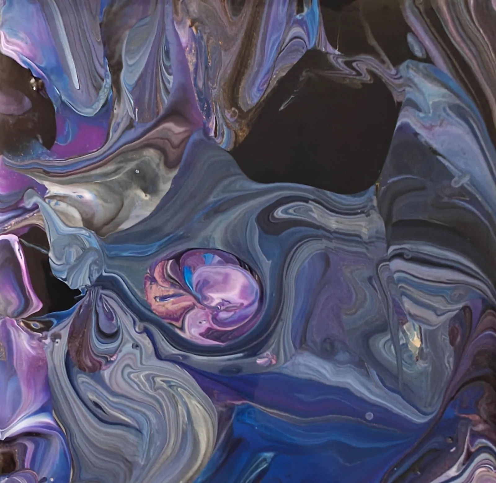 Swirling violet, blue, and silver fluid paint with deep black voids, like a nebula.