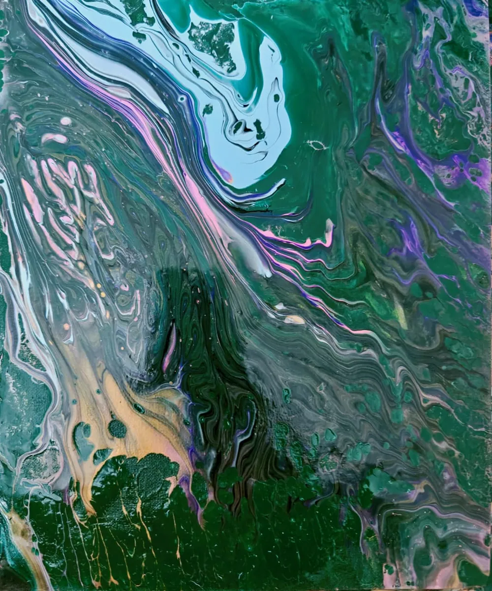 A dense green acrylic pour crossed diagonally by an iridescent seam of pink, lilac, and white, with a pale opening at the top and gold flecks near the base.