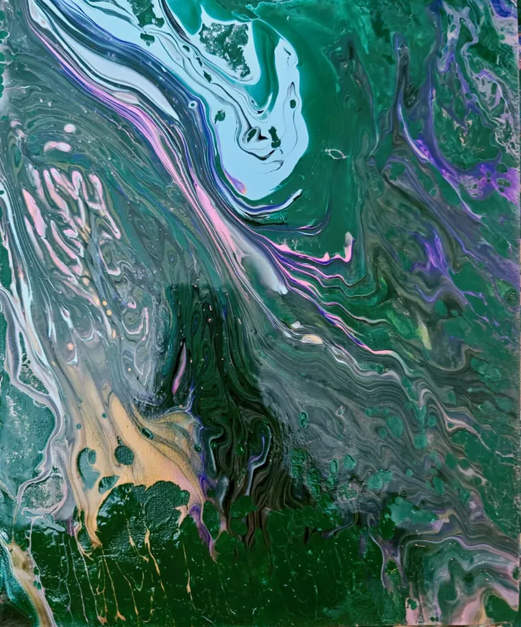 A dense green acrylic pour crossed diagonally by an iridescent seam of pink, lilac, and white, with a pale opening at the top and gold flecks near the base.