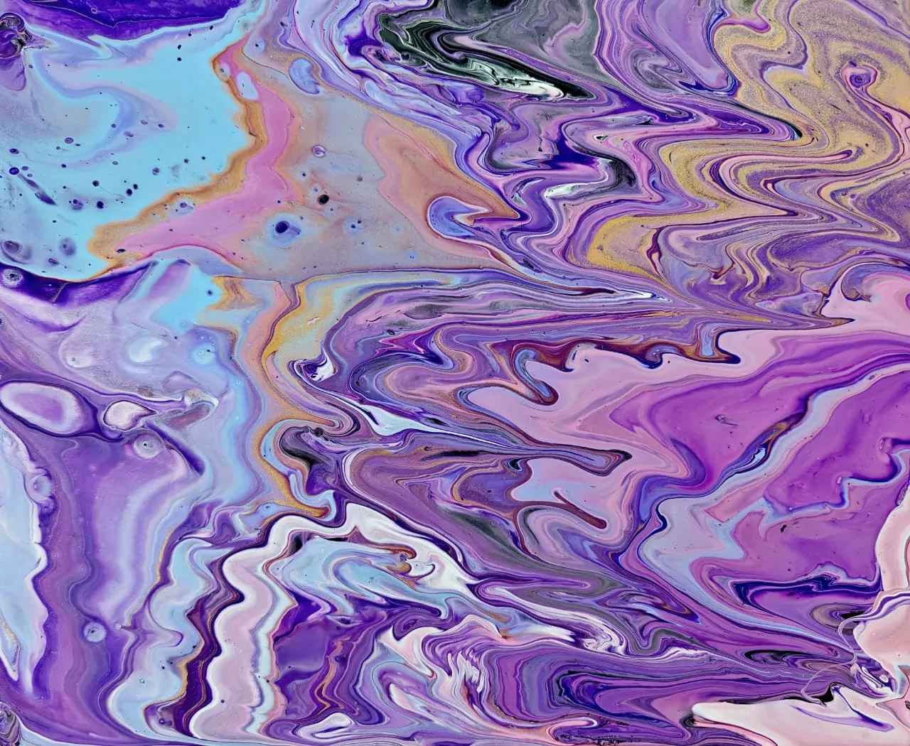 A soft marbled acrylic pour of lilac, violet, blue, and gold swirling like an interstellar cloud.