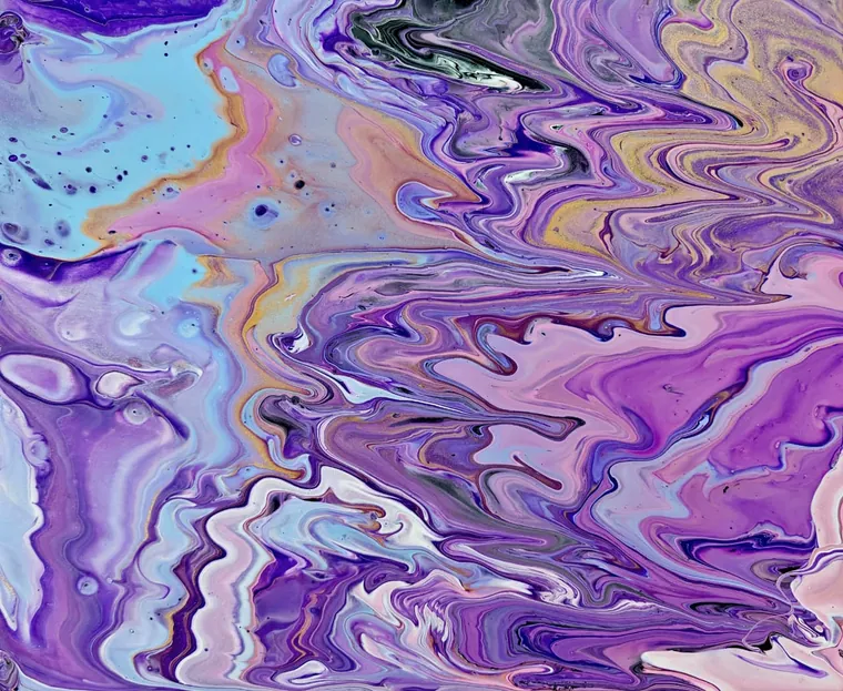 A soft marbled acrylic pour of lilac, violet, blue, and gold swirling like an interstellar cloud.