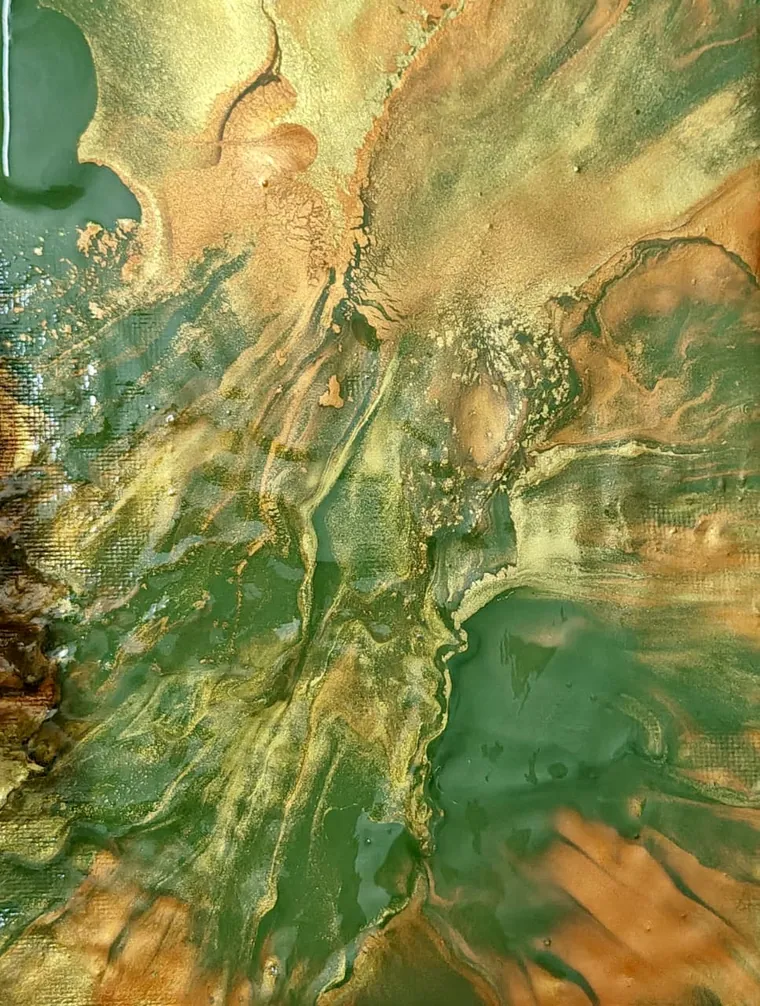 Green, gold, and copper poured paint with a weathered, mineral texture.