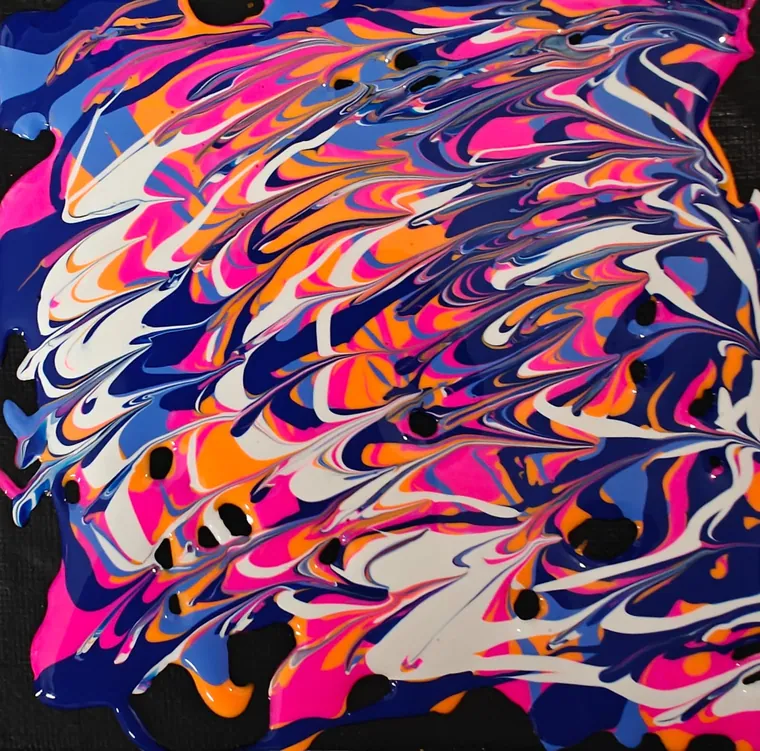 Feather-like streaks of pink, blue, orange, and white fanning across a black ground.