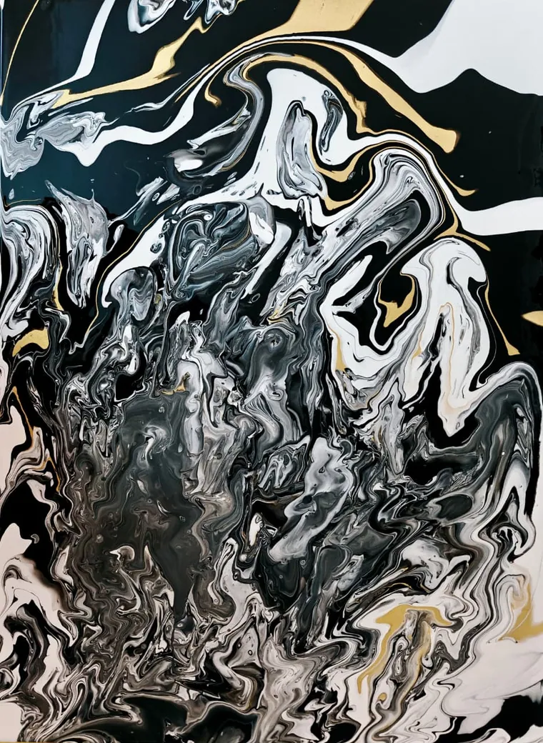 A high-contrast fluid-pour painting in black, white and silver-grey, threaded with veins of metallic gold, the forms rising like peaks or breaking waves — resembling the black-and-gold marble known as Nero Portoro.