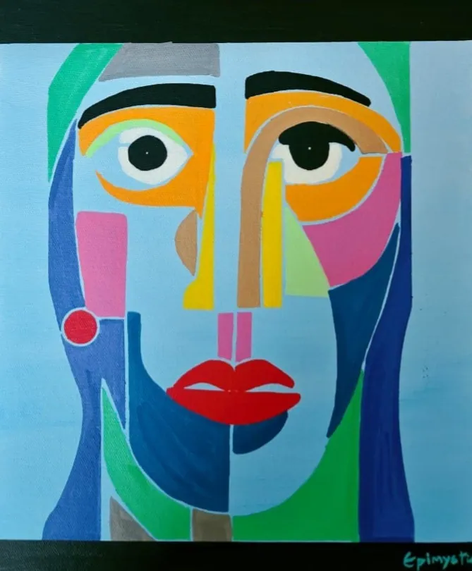 A cubist-style portrait of a face assembled from flat planes of orange, pink, blue, green, grey and tan, with two asymmetric dark eyes, heavy black brows, bright red lips and long blue hair, on a pale blue ground.