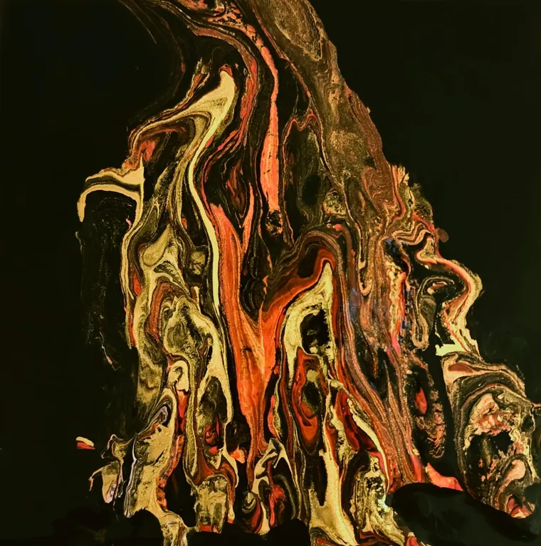 A vertical fluid pour of copper, gold, cream, and orange rising like a tongue of flame against a near-black ground.