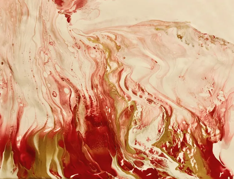 A soft marbled pour of rose-red, cream-white, and gold, like the swirl inside a piece of rose quartz.