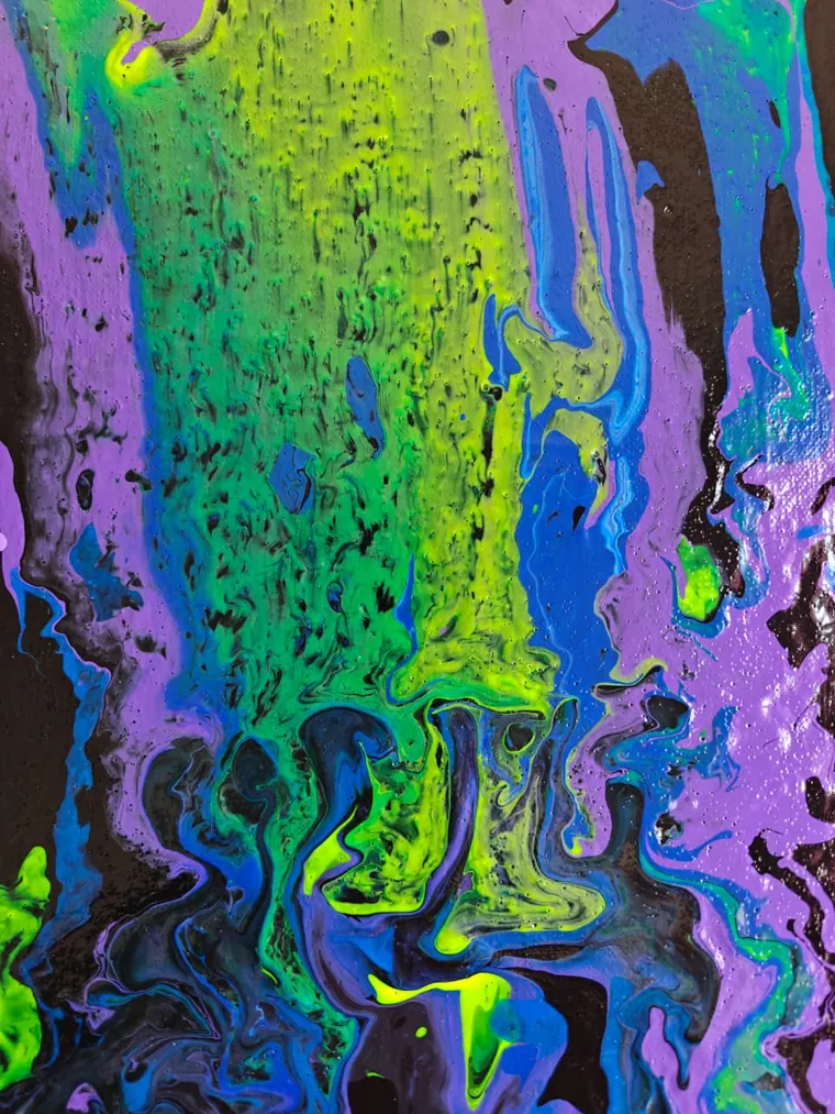 Detail of the painting: a vertical cataract of chartreuse green and blue pouring through violet, breaking into cells at its base.
