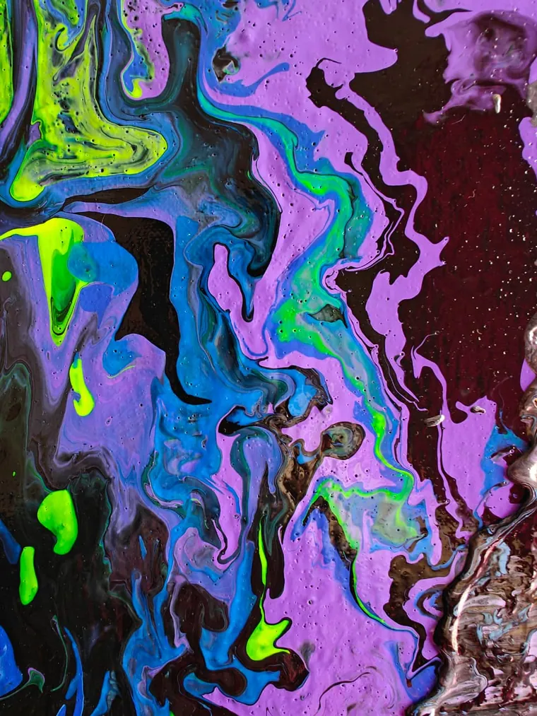 Detail of the painting: marbled currents of lilac, cobalt blue, and green meeting a deep wine-red field.