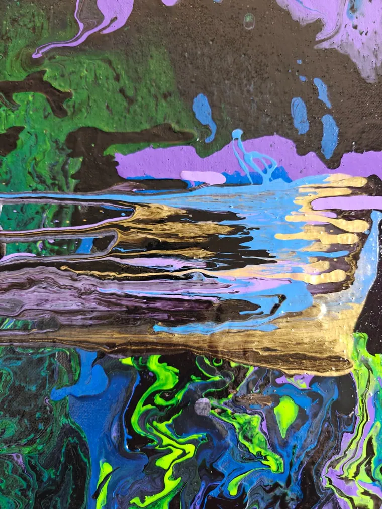 Detail of the painting: a horizontal band of gold and lavender dripping across a dark field, above a marbled blue-and-green sea.