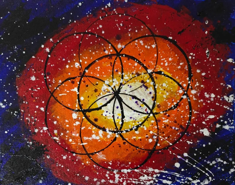 A black Seed-of-Life geometry of seven overlapping circles over a red and gold cosmic spatter on dark blue.