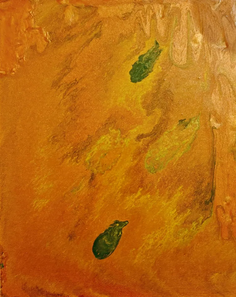 Green organic forms drifting across a glowing orange and ochre field, with paint dripping from the top edge.