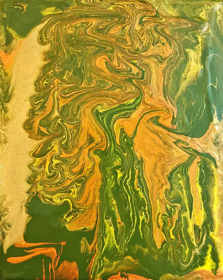 Green, gold, and orange poured paint rising in a molten central plume on a pale gold ground.