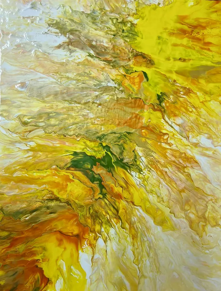 Streaming yellow, gold, and green fluid paint like solar flares.