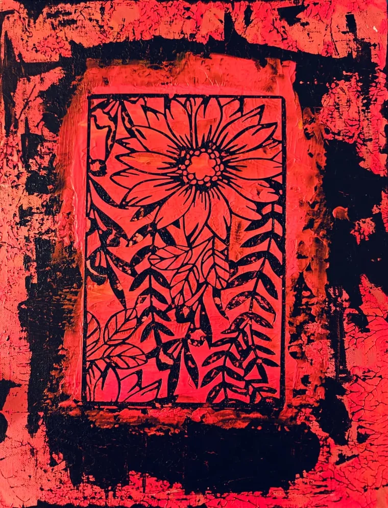 A painting on a hot vermilion ground crackled and broken to black at the edges, carrying a bold black line drawing inside a ruled rectangular border: one large sunflower head at the top with its petals fanned open, and beneath it a dense tangle of drawn leaves and stems.