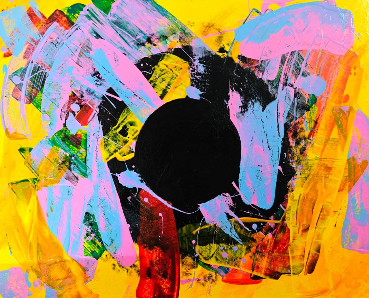 A solid black disc surrounded by gestural pink, blue, and green strokes on a bright yellow ground.