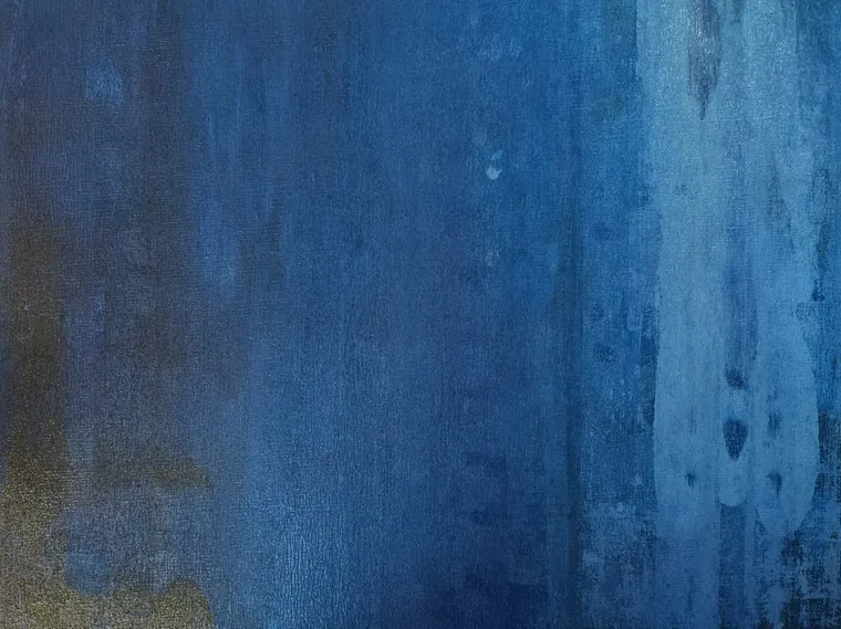 A Rothko-like colour field of layered deep blues with a soft gold edge at the left and a luminous paler band toward the right.