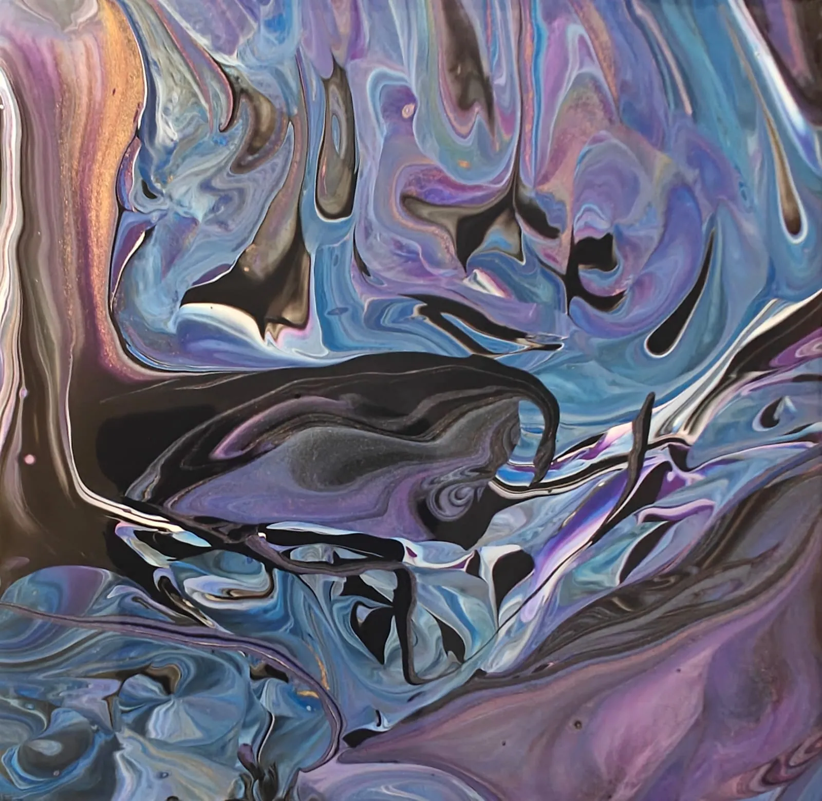 Blue, lilac, and silver paint marbled over black, resembling a deep-field astronomical image.