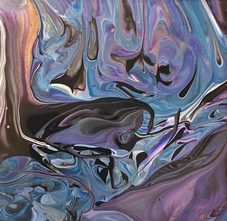 Blue, lilac, and silver paint marbled over black, resembling a deep-field astronomical image.