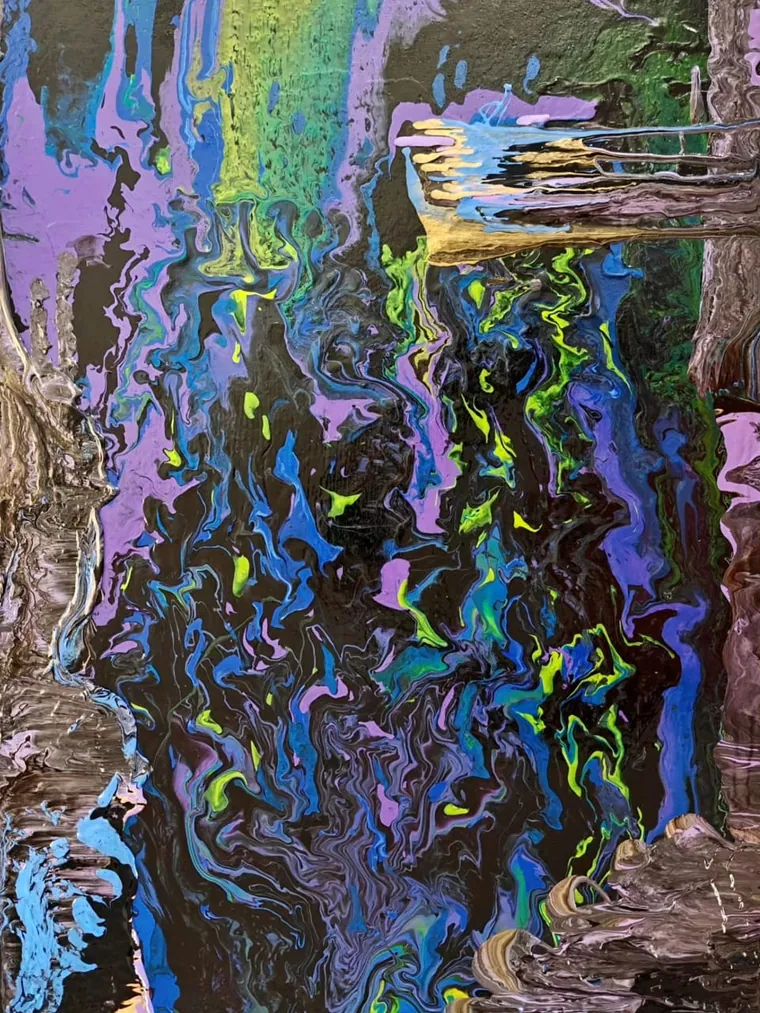 A large abstract fluid-pour painting: rivers of violet, electric blue, and chartreuse green threading through a dark ground, with a band of gold near the top.