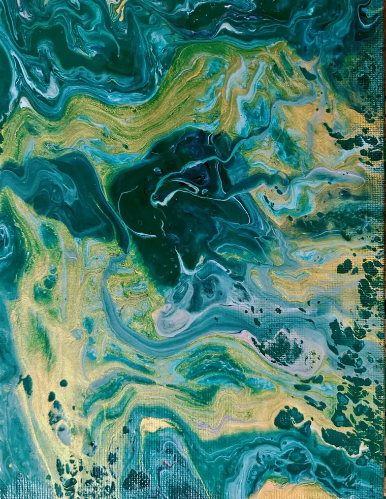 A teal and gold acrylic pour banded like shallow water over sand: pale gold ridges winding around pools of deep green, with speckled darker patches, as if seen from the air.