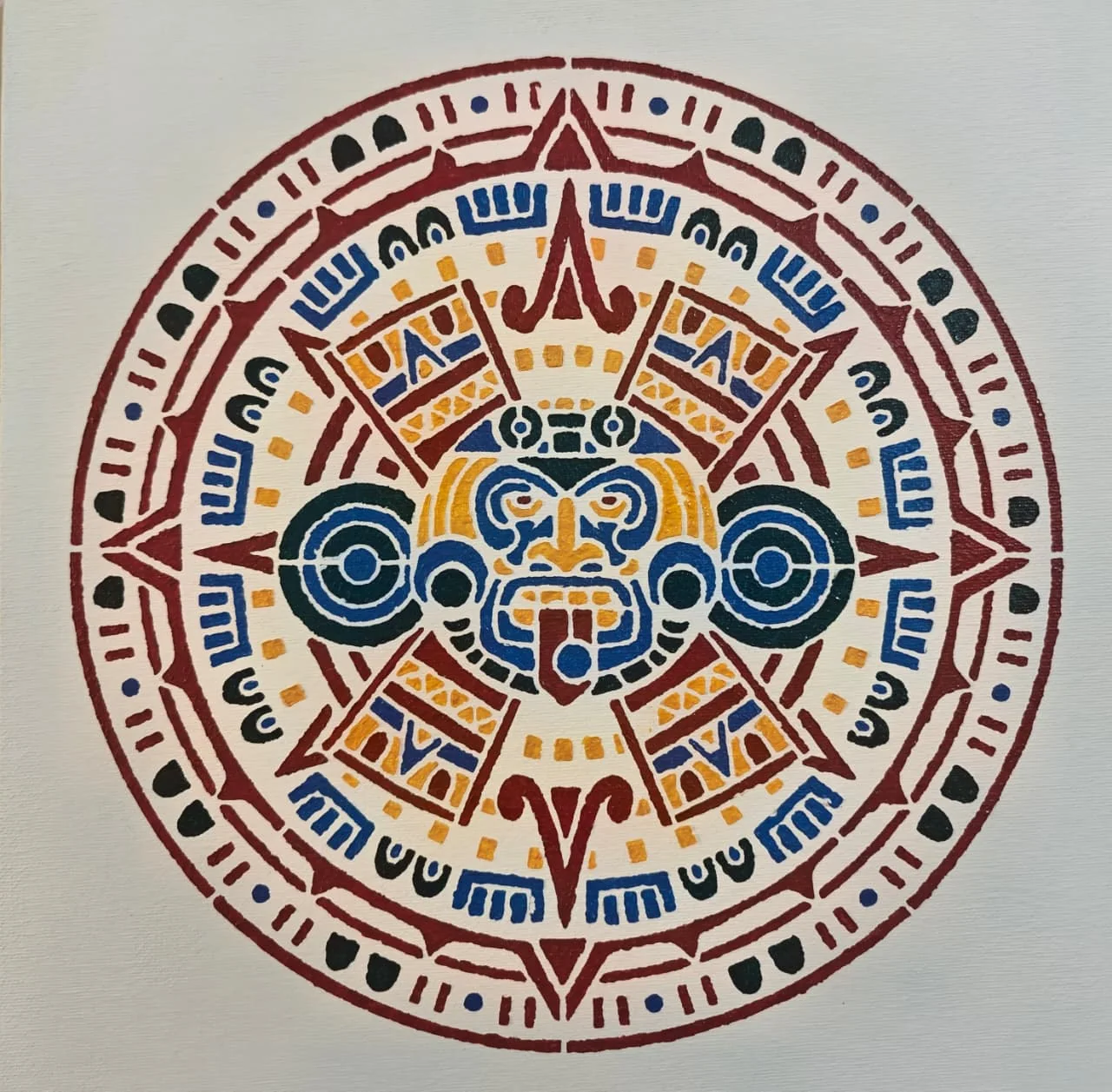 An Aztec sun-stone mandala in oxblood, blue, and gold on cream, a central face ringed by glyph bands.