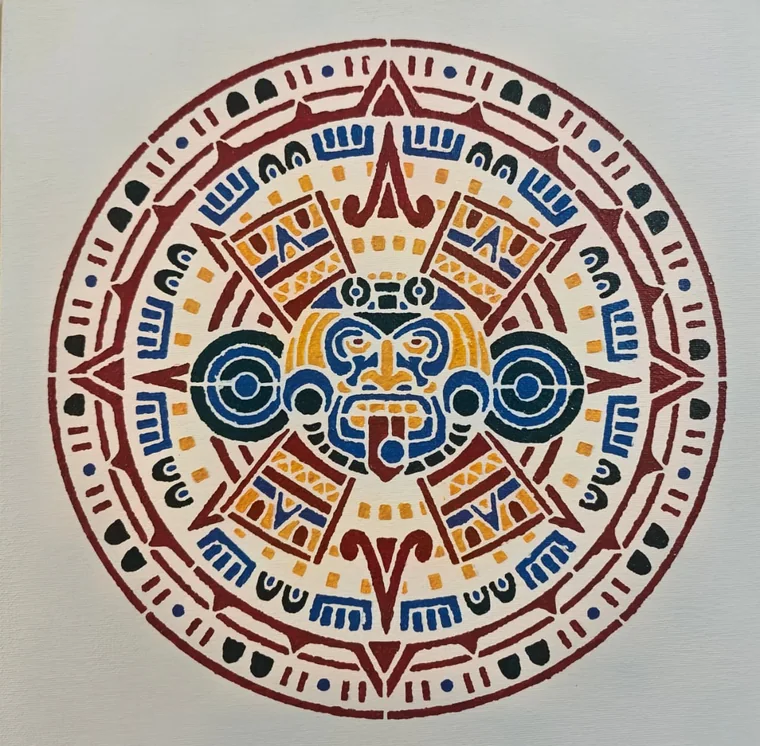 An Aztec sun-stone mandala in oxblood, blue, and gold on cream, a central face ringed by glyph bands.