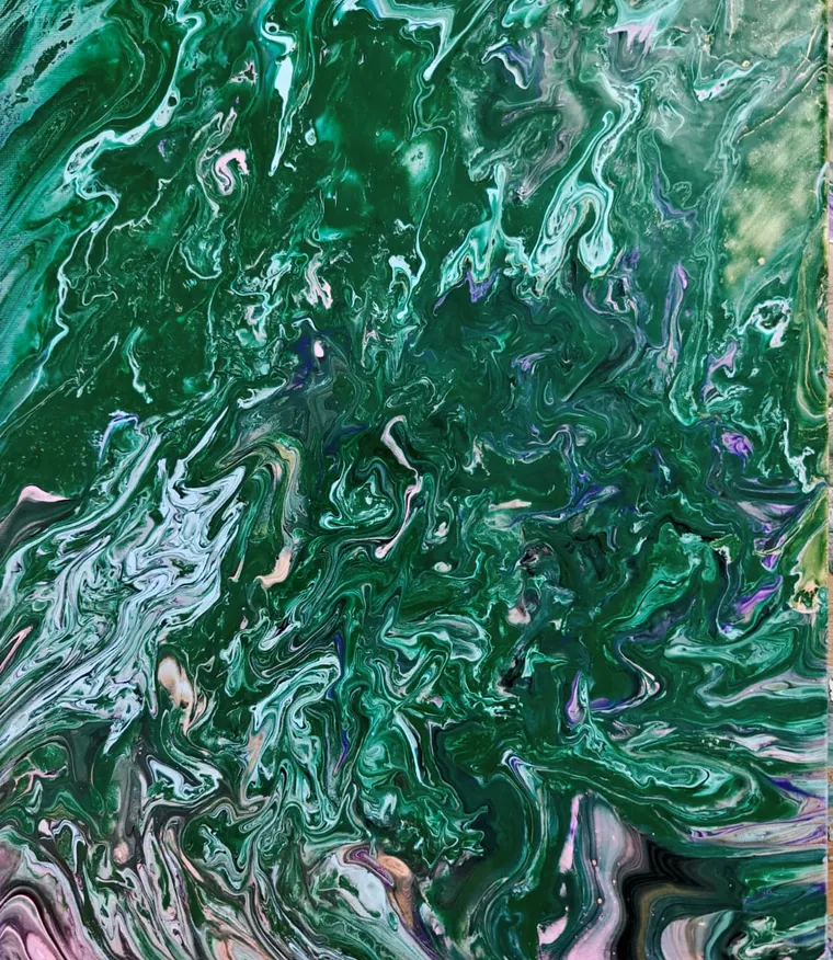 A dense emerald and forest-green pour threaded all over with curling filaments of white, mint, and pale pink, like light breaking through tangled undergrowth.