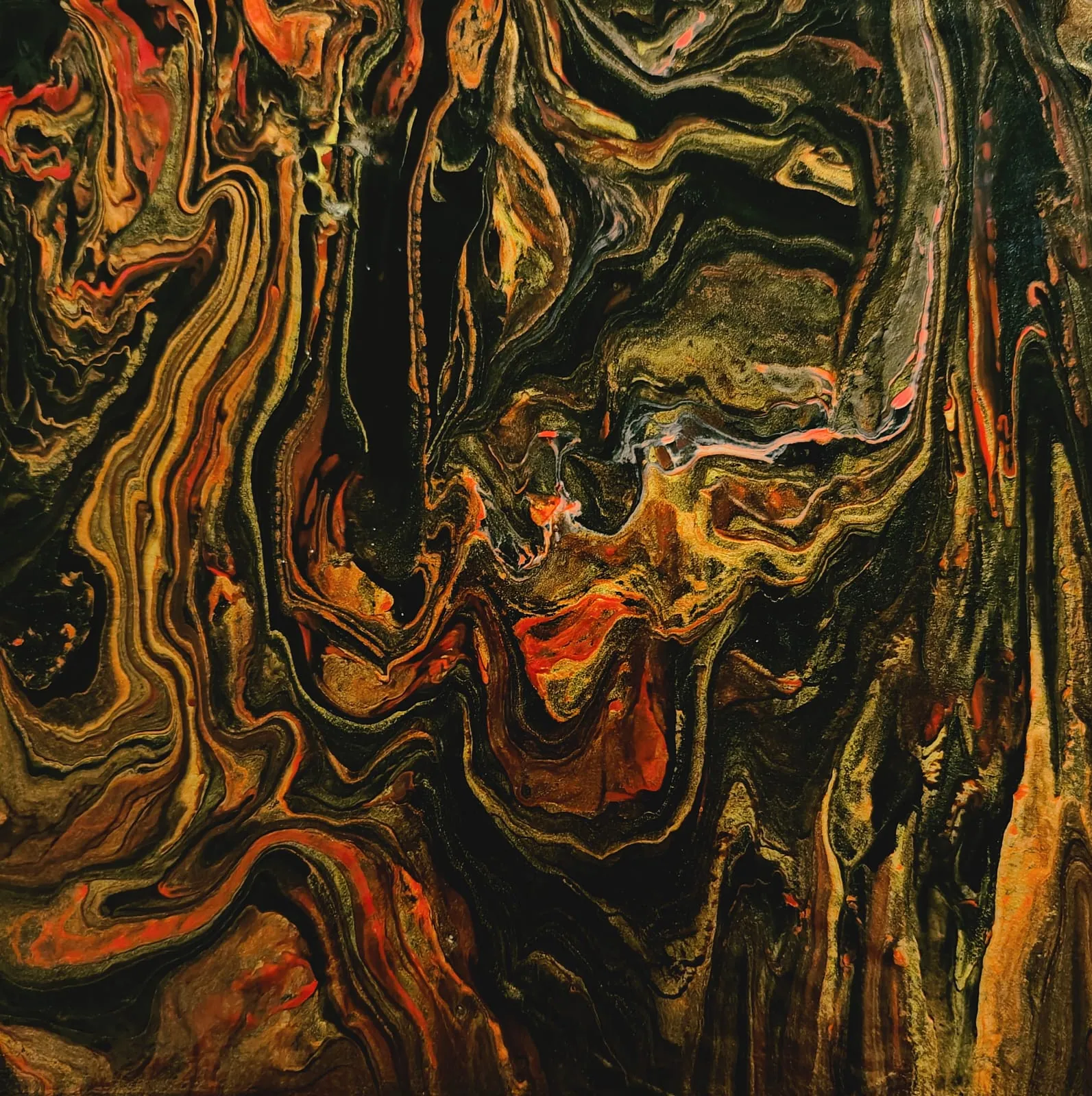 A dense marbled pour of olive, gold, black, and ember-orange, like the chatoyant bands of tiger's eye.