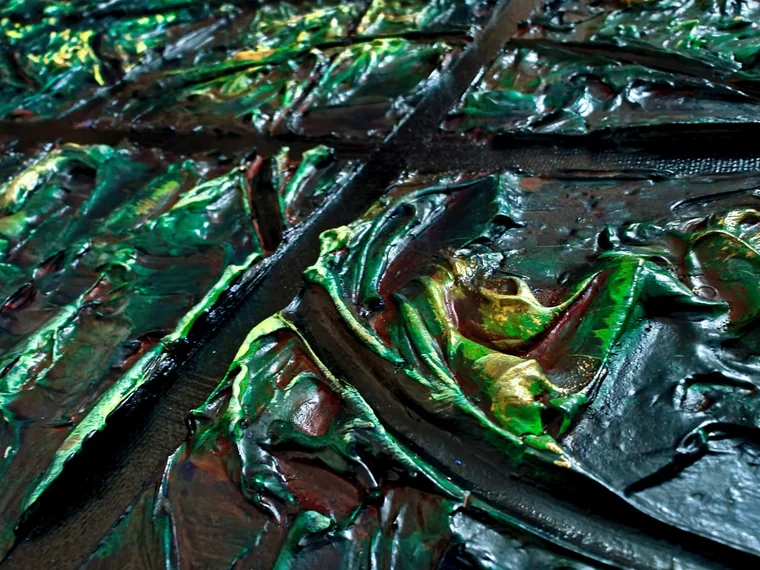 A close view of raised acrylic paste in green, lime, rust and black, folded and ridged like wet leaves, with a flat bar crossing the field.