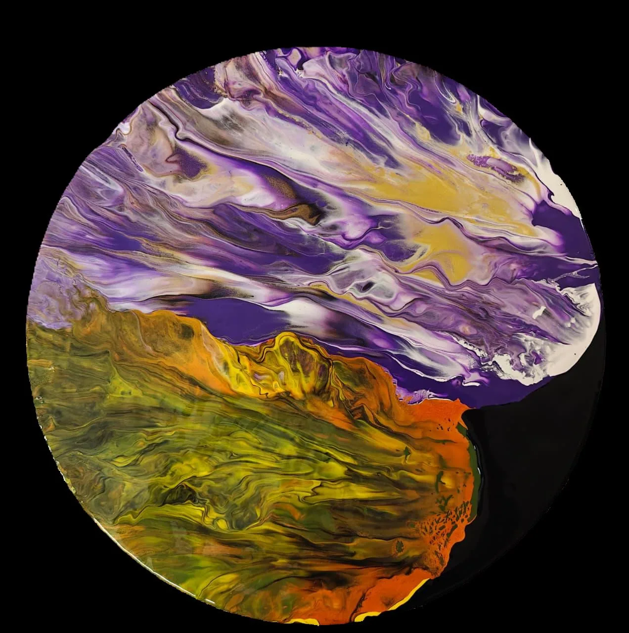 A circular tondo acrylic-pour painting: a streaked violet and lavender sky veined with gold above a molten golden-green and orange valley, framed as a disc on black.