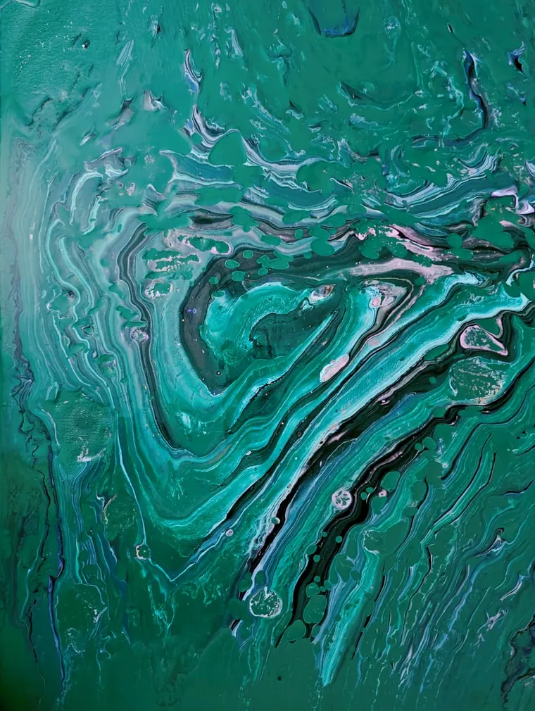 A deep emerald acrylic pour in which pale turquoise, white, and blush strata curve in nested contour lines around a darker basin, like a topographic map of green stone.