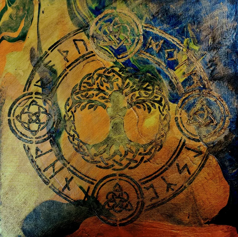 A painting of the Norse world-tree Yggdrasil inside a circular band of runes and triquetra knots, on a ground of deep blue and burnt orange.